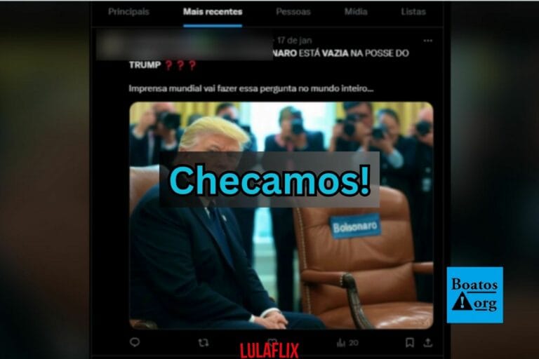 É falso que Donald Trump tenha tirado foto ao lado de poltrona vazia com o nome Bolsonaro
