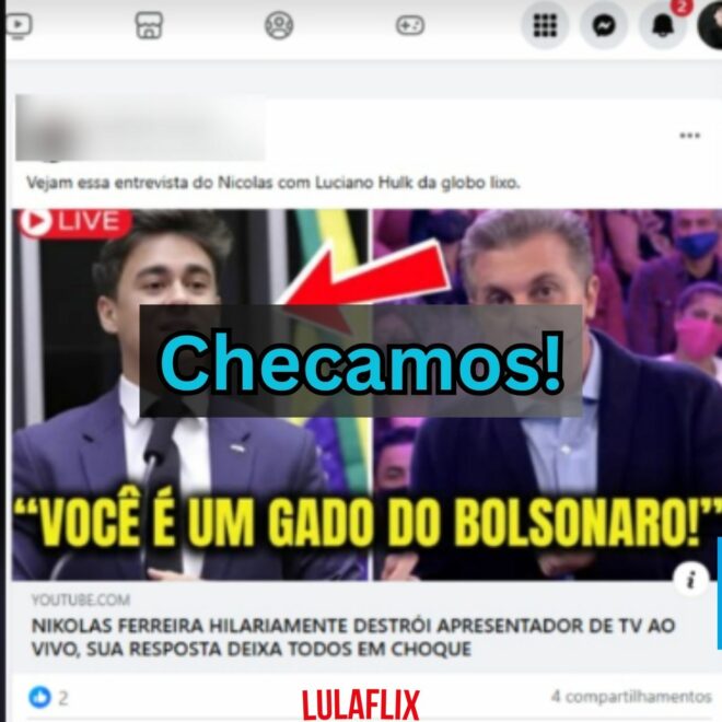 É falso que Nikolas Ferreira tenha dado uma entrevista e “destruído” Luciano Huck na TV