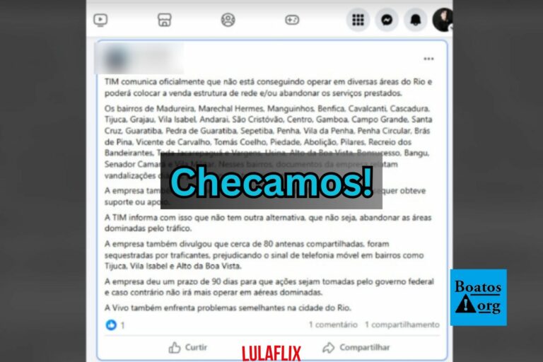 É falso que a Tim tenha comunicado sua saída do Rio de Janeiro devido à ação do tráfico e da milícia